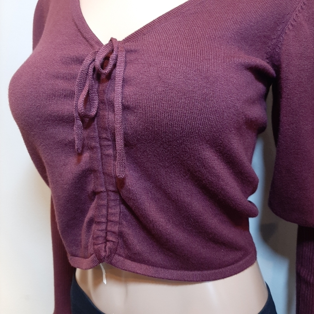 💠Guess Layla Puff Sleeve Cropped Sweater Cinch Drawstring Front Ribbed Pullover - Picture 6 of 13